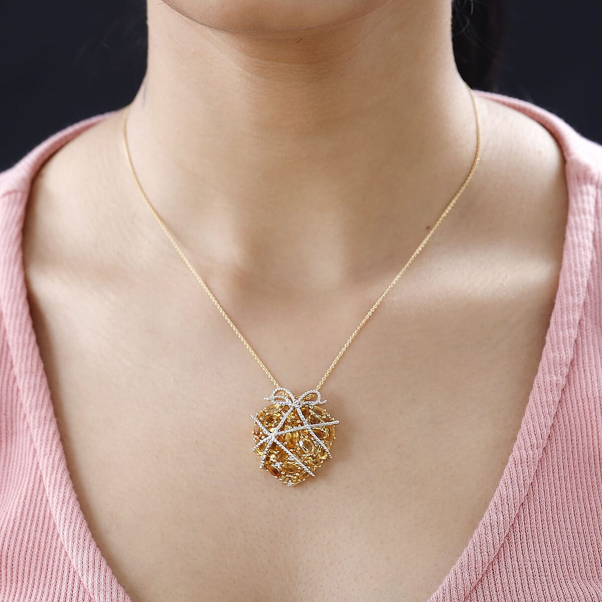 GP Amore Collection Premium Brazilian Citrine and White Zircon Heart Pendant Necklace 20 Inches in Vermeil Yellow Gold Over Sterling Silver 7.35 ctw image number 2