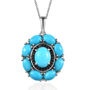 Sleeping Beauty Turquoise and Thai Black Spinel Cocktail Pendant Necklace 20 Inches in Platinum Over Sterling Silver 5.65 ctw