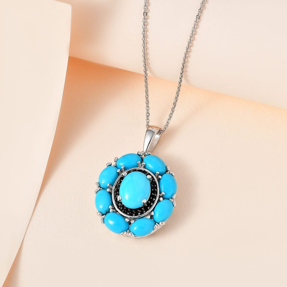 Sleeping Beauty Turquoise and Thai Black Spinel Cocktail Pendant Necklace 20 Inches in Platinum Over Sterling Silver 5.65 ctw image number 1