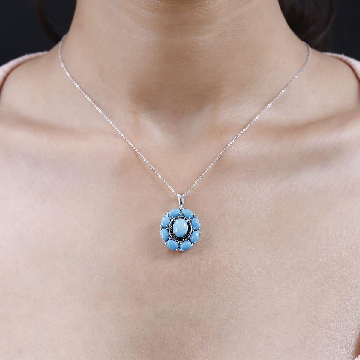 Sleeping Beauty Turquoise and Thai Black Spinel Cocktail Pendant Necklace 20 Inches in Platinum Over Sterling Silver 5.65 ctw image number 2