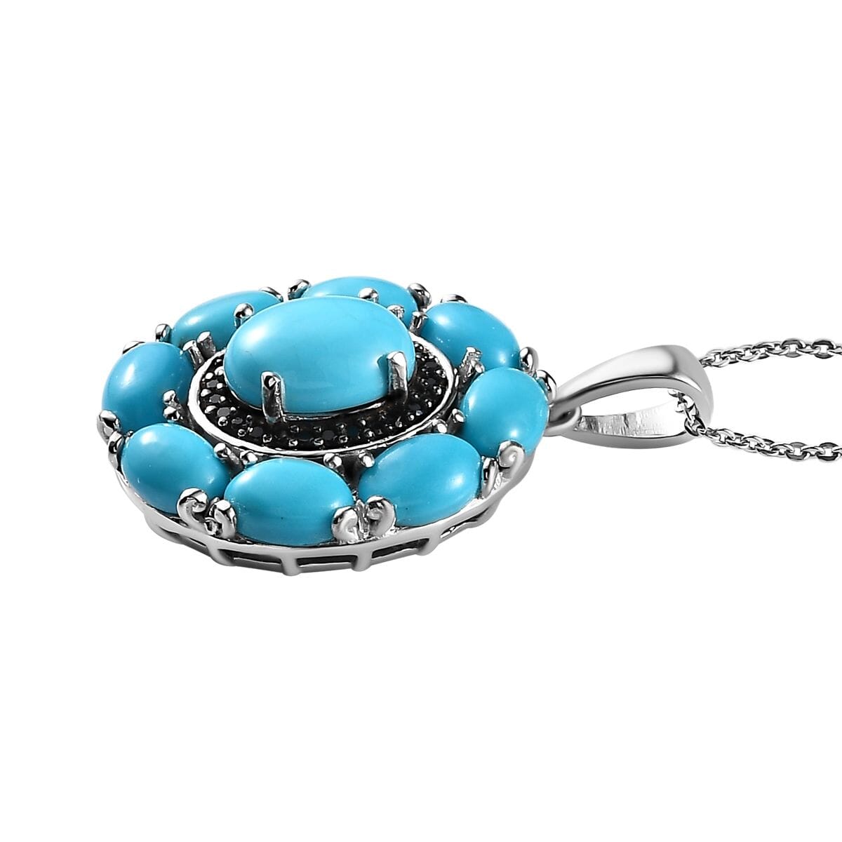 Sleeping Beauty Turquoise and Thai Black Spinel Cocktail Pendant Necklace 20 Inches in Platinum Over Sterling Silver 5.65 ctw image number 3