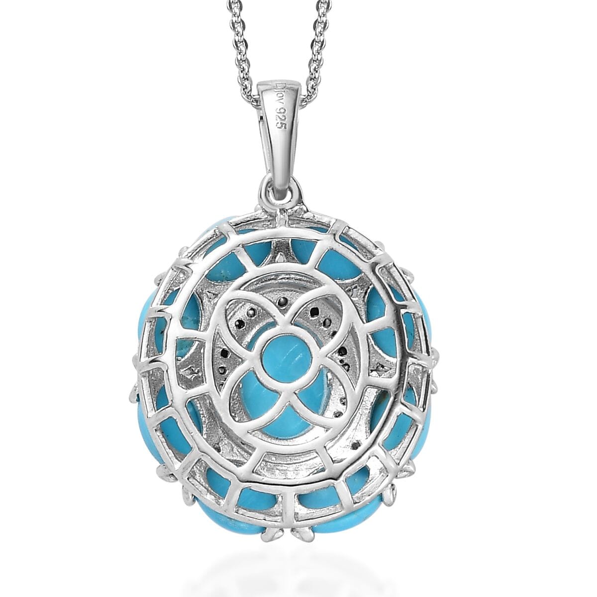 Sleeping Beauty Turquoise and Thai Black Spinel Cocktail Pendant Necklace 20 Inches in Platinum Over Sterling Silver 5.65 ctw image number 4
