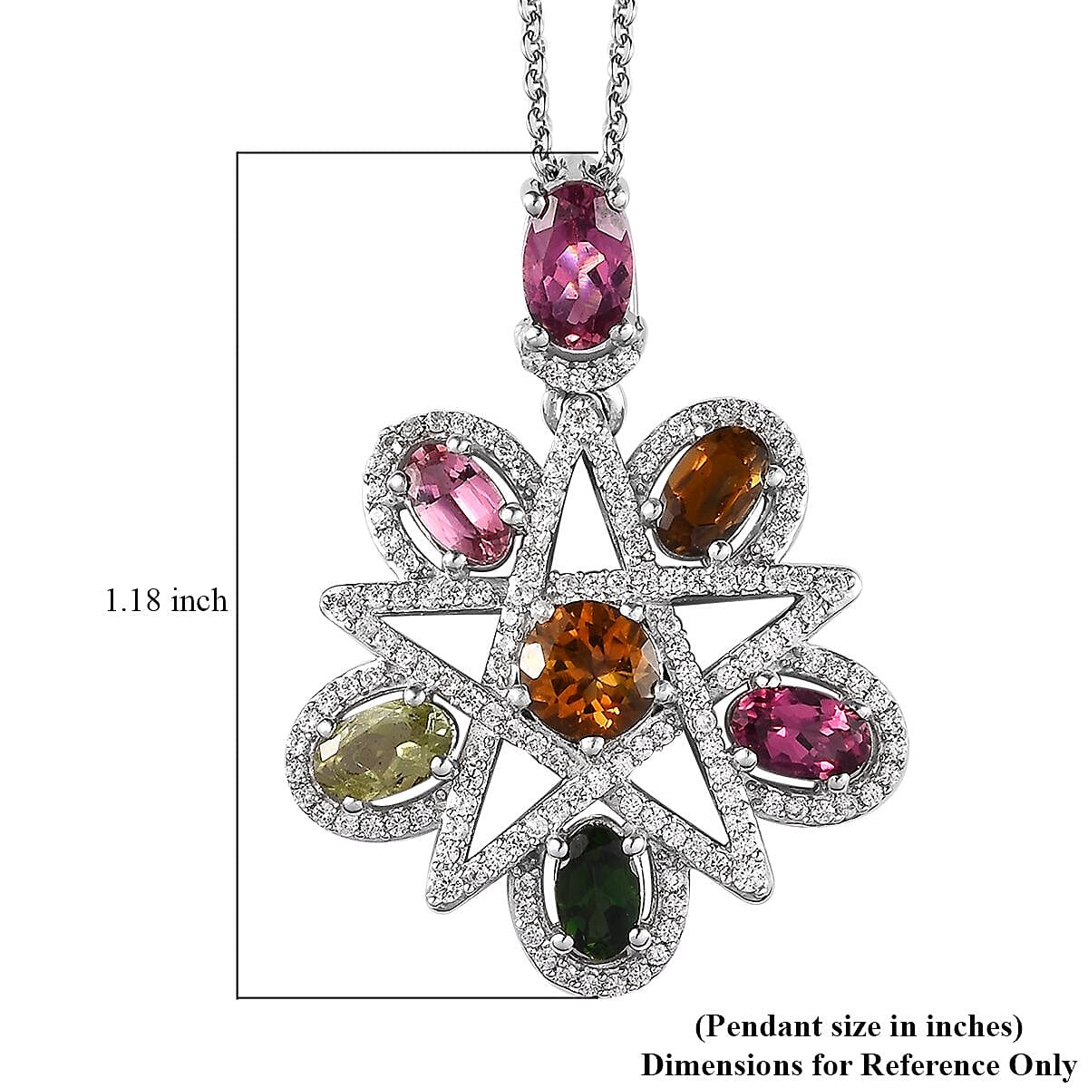 GP Celestial Dreams Collection Premium Multi-Tourmaline and White Zircon 2.90 ctw Pendant Necklace in Platinum Over Sterling Silver 20 Inches