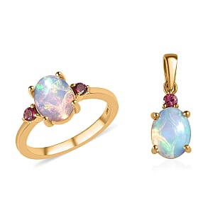 Ethiopian Welo Opal, Ouro Fino Rubellite Ring (Size 5.0) and Pendant in Vermeil Yellow Gold Over Sterling Silver 2.35 ctw