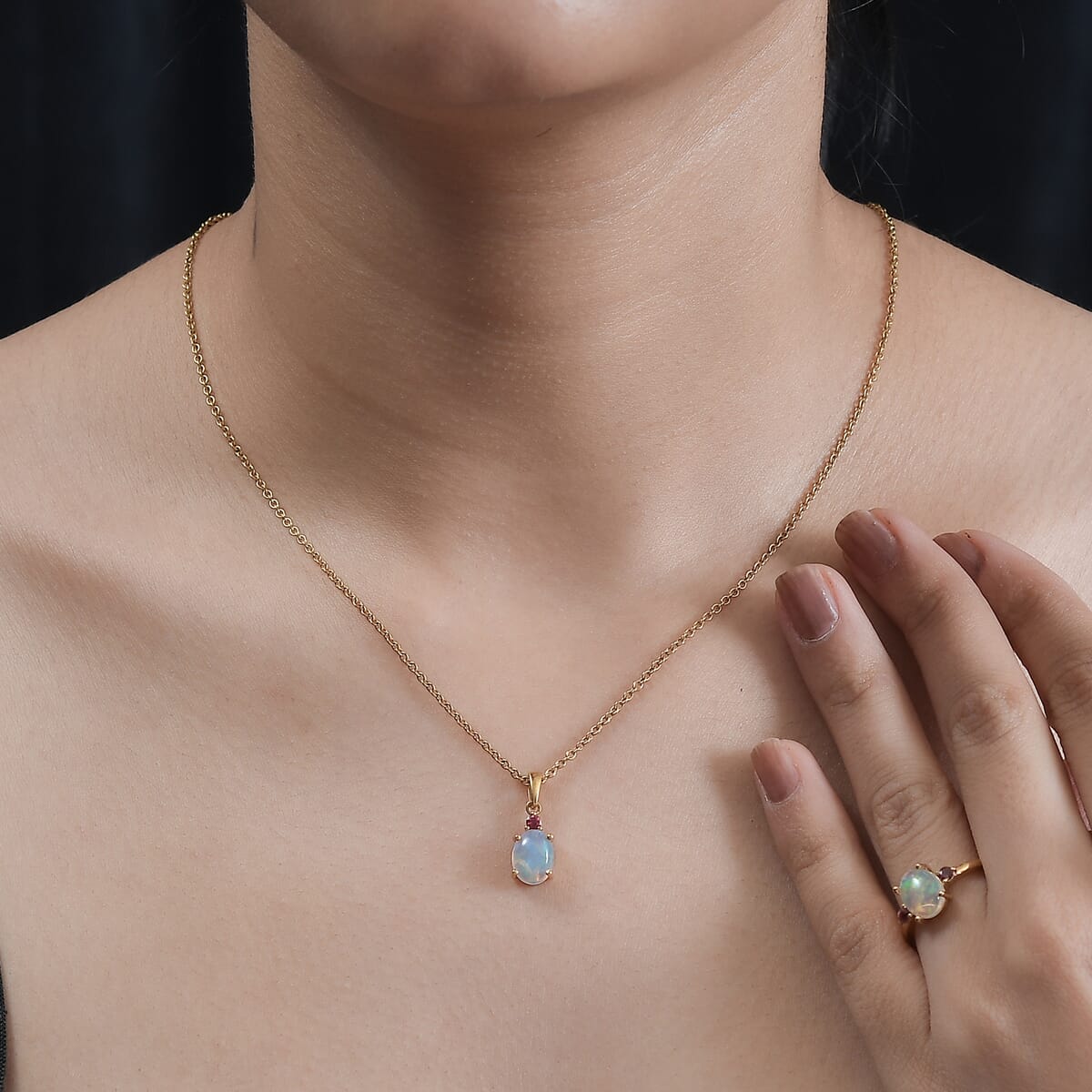 Ethiopian Welo Opal, Ouro Fino Rubellite Ring (Size 5.0) and Pendant in Vermeil Yellow Gold Over Sterling Silver 2.35 ctw image number 3