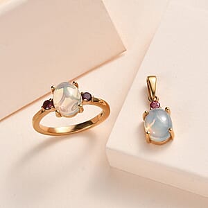 Ethiopian Welo Opal, Ouro Fino Rubellite Ring (Size 11.0) and Pendant in Vermeil Yellow Gold Over Sterling Silver 2.35 ctw