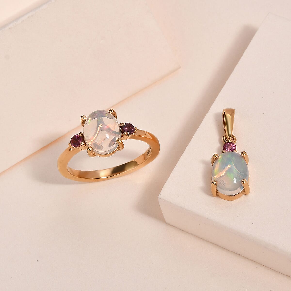 Ethiopian Welo Opal, Ouro Fino Rubellite Ring (Size 11.0) and Pendant in Vermeil Yellow Gold Over Sterling Silver 2.35 ctw image number 2