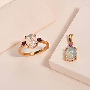 Ethiopian Welo Opal, Ouro Fino Rubellite Ring (Size 11.0) and Pendant in Vermeil Yellow Gold Over Sterling Silver 2.35 ctw