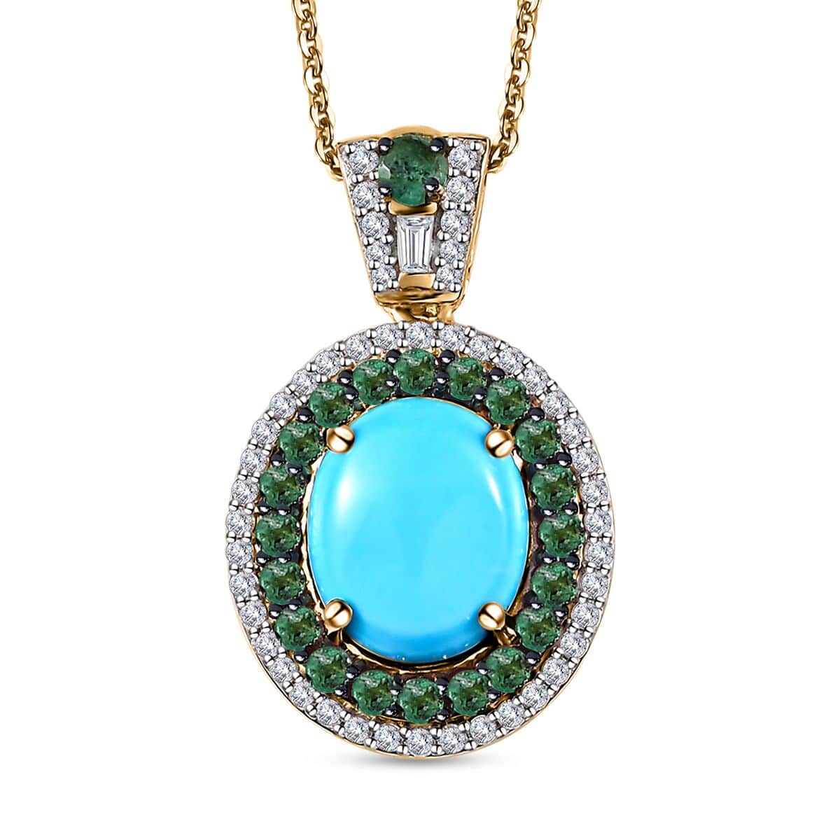 Premium Sleeping Beauty Turquoise and Multi Gemstone Double Halo Pendant Necklace 20 Inches in Vermeil Yellow Gold Over Sterling Silver 4.40 ctw image number 0