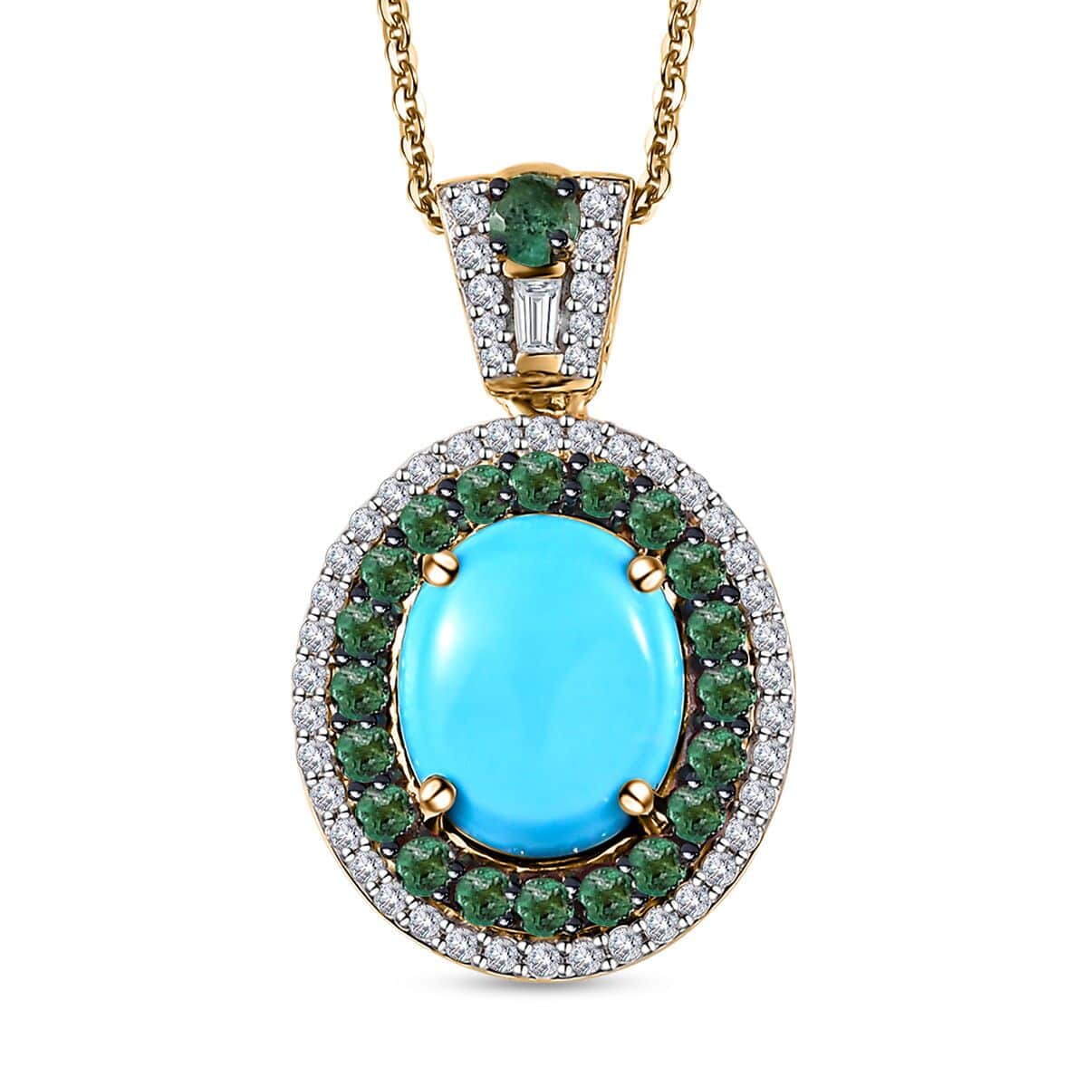 TLV Premium Sleeping Beauty Turquoise, Multi Gemstone Double Halo Pendant Necklace (20 Inches) in Vermeil YG Over Sterling Silver 4.40 ctw image number 0