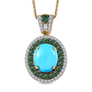 Premium Sleeping Beauty Turquoise and Multi Gemstone Double Halo Pendant Necklace 20 Inches in Vermeil Yellow Gold Over Sterling Silver 4.40 ctw