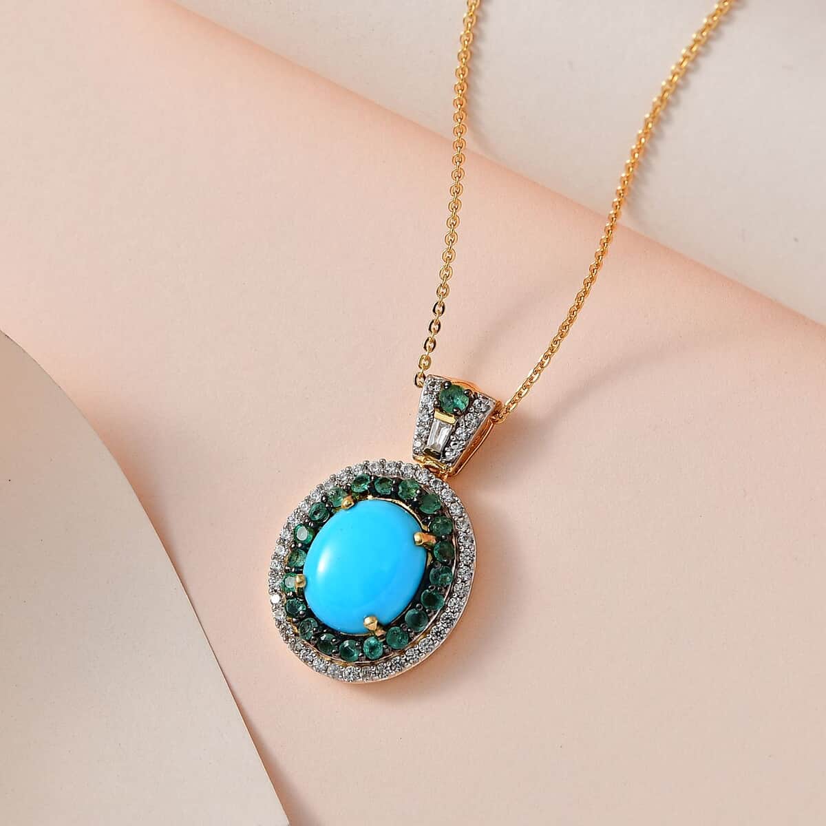Premium Sleeping Beauty Turquoise and Multi Gemstone Double Halo Pendant Necklace 20 Inches in Vermeil Yellow Gold Over Sterling Silver 4.40 ctw image number 1