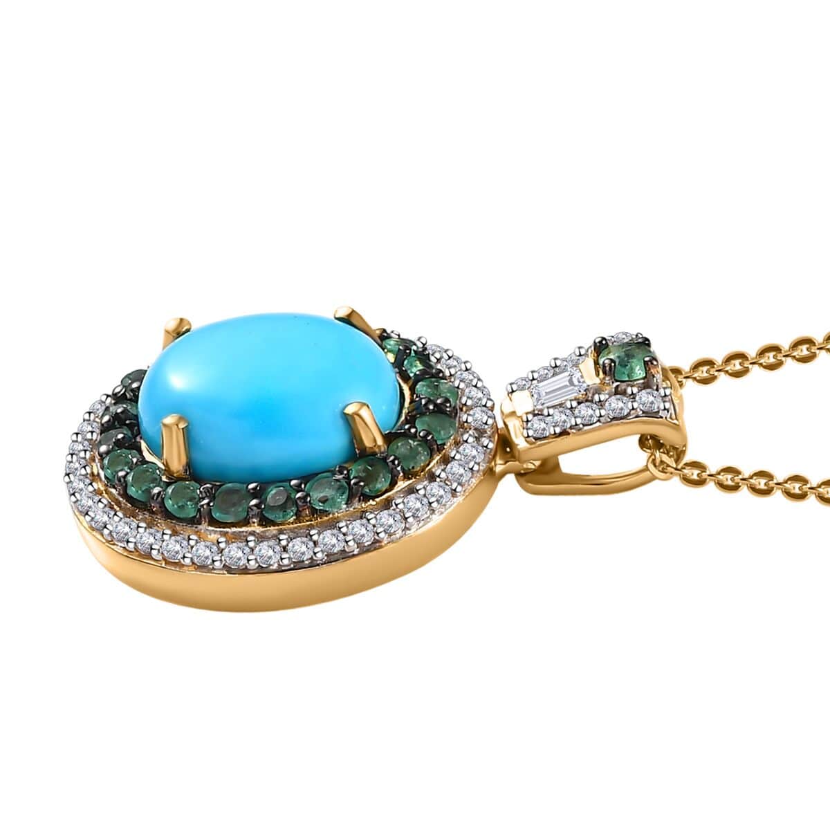 Premium Sleeping Beauty Turquoise and Multi Gemstone Double Halo Pendant Necklace 20 Inches in Vermeil Yellow Gold Over Sterling Silver 4.40 ctw image number 3
