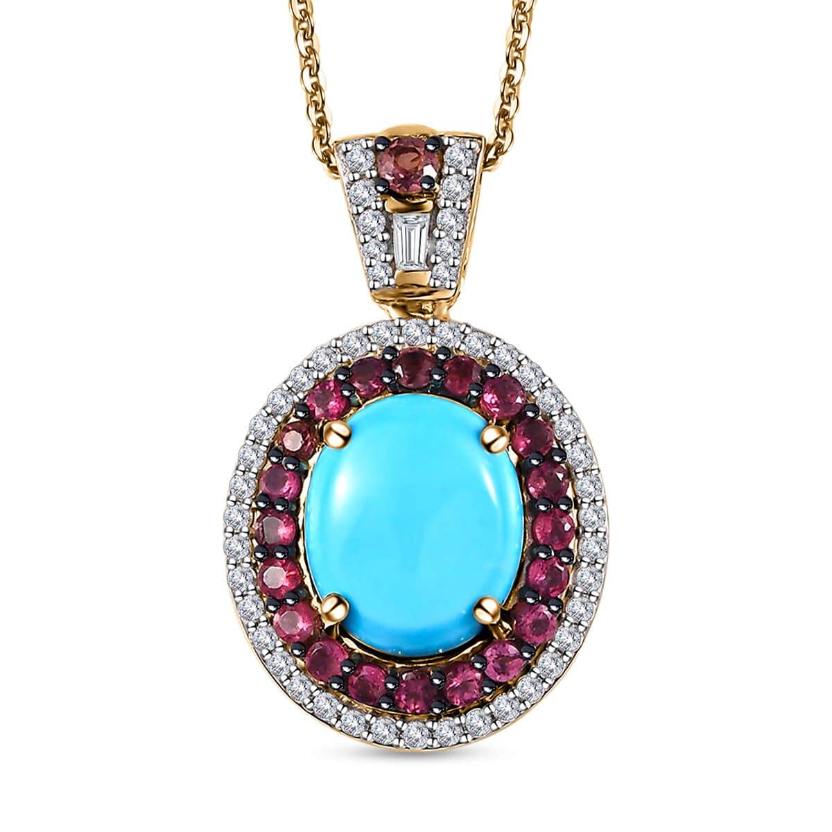 Premium Sleeping Beauty Turquoise and Multi Gemstone 4.40 ctw Double Halo Pendant Necklace in Vermeil Yellow Gold Over Sterling Silver 20 Inches image number 0