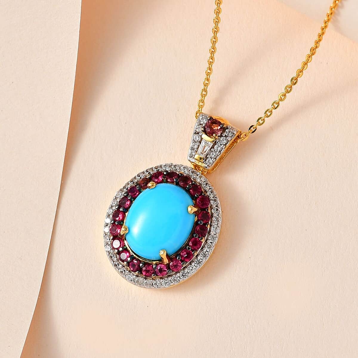 Premium Sleeping Beauty Turquoise and Multi Gemstone 4.40 ctw Double Halo Pendant Necklace in Vermeil Yellow Gold Over Sterling Silver 20 Inches image number 1