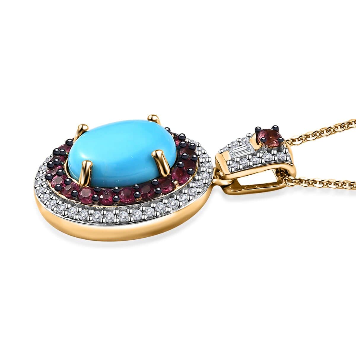 Premium Sleeping Beauty Turquoise and Multi Gemstone 4.40 ctw Double Halo Pendant Necklace in Vermeil Yellow Gold Over Sterling Silver 20 Inches image number 3