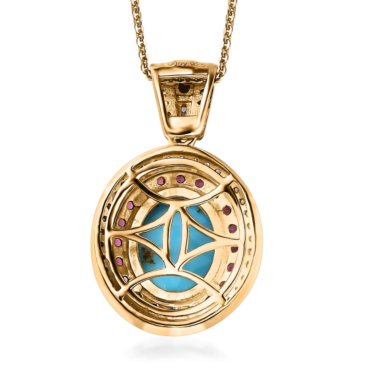 Premium Sleeping Beauty Turquoise and Multi Gemstone 4.40 ctw Double Halo Pendant Necklace in Vermeil Yellow Gold Over Sterling Silver 20 Inches image number 4