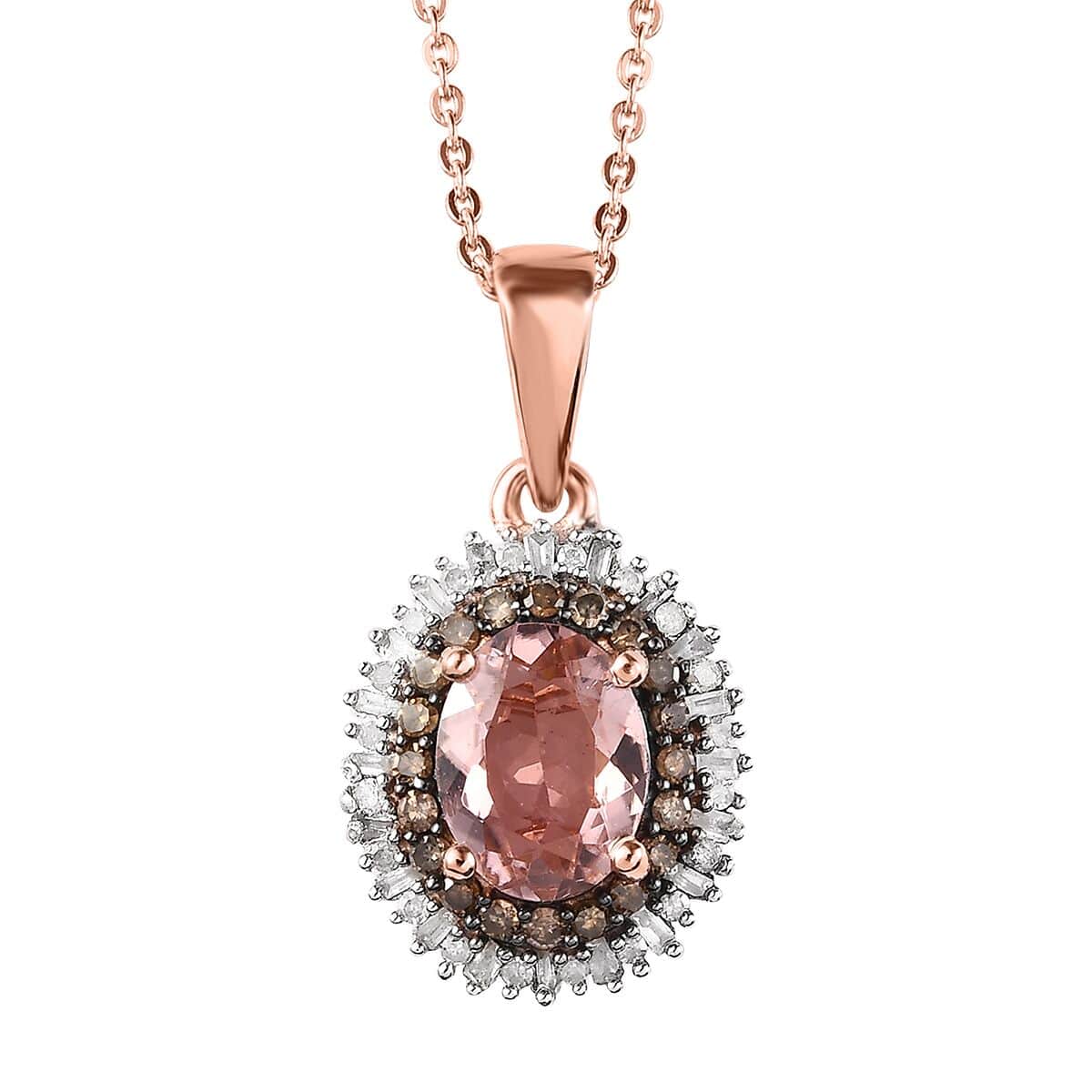 Premium Blush Tourmaline, Natural Champagne and White Diamond Floral Pendant Necklace 20 Inches in Vermeil Rose Gold Over Sterling Silver 1.50 ctw image number 0