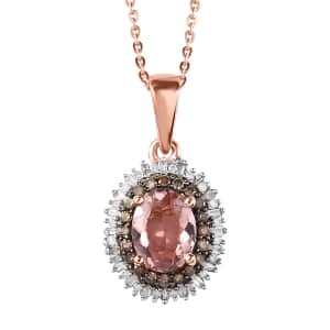 Premium Blush Tourmaline, Natural Champagne and White Diamond Floral Pendant Necklace 20 Inches in Vermeil Rose Gold Over Sterling Silver 1.50 ctw