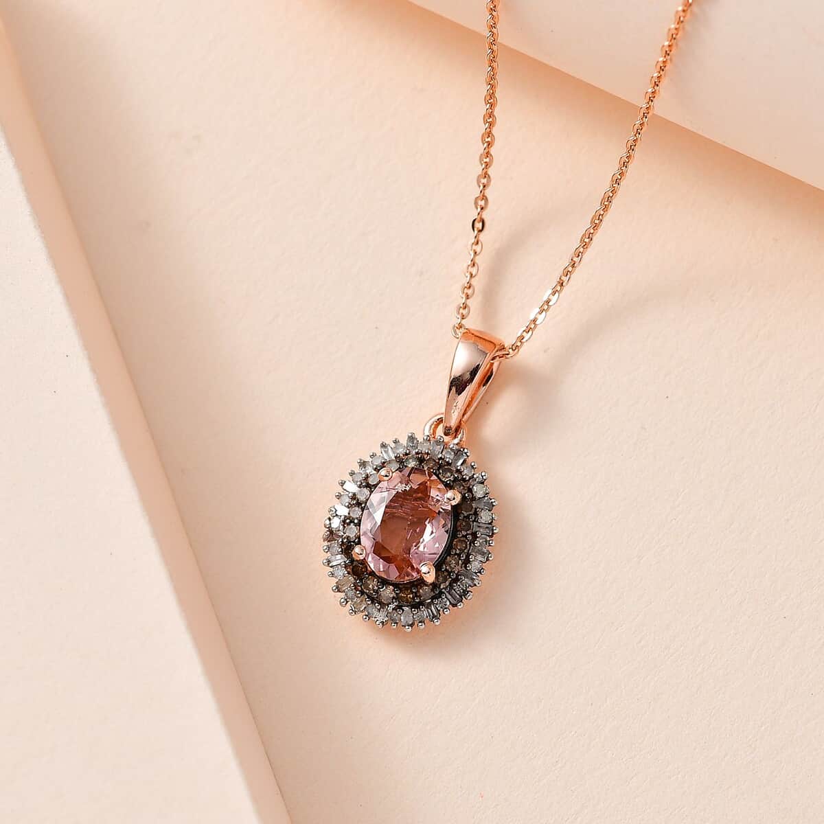 Premium Blush Tourmaline, Natural Champagne and White Diamond Floral Pendant Necklace 20 Inches in Vermeil Rose Gold Over Sterling Silver 1.50 ctw image number 1