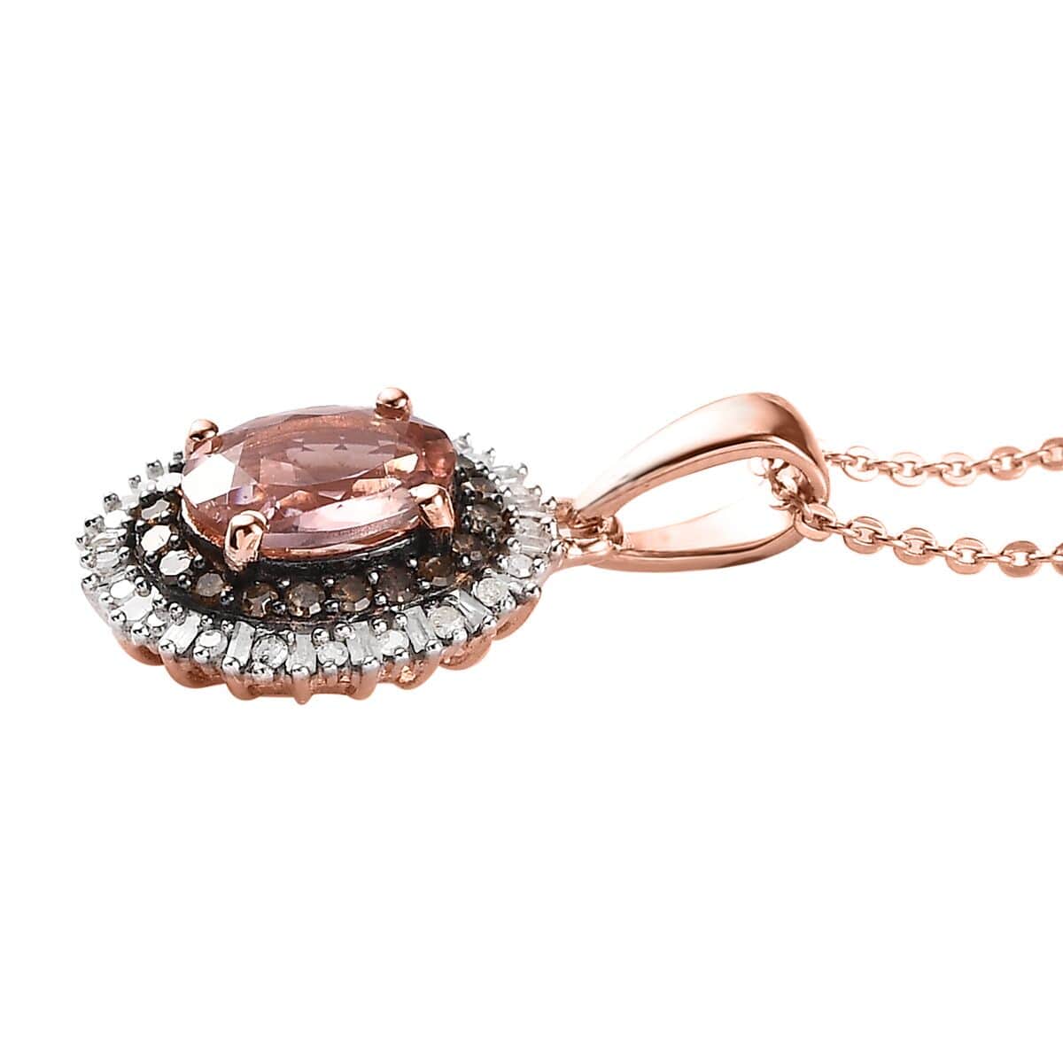 Premium Blush Tourmaline, Natural Champagne and White Diamond Floral Pendant Necklace 20 Inches in Vermeil Rose Gold Over Sterling Silver 1.50 ctw image number 3