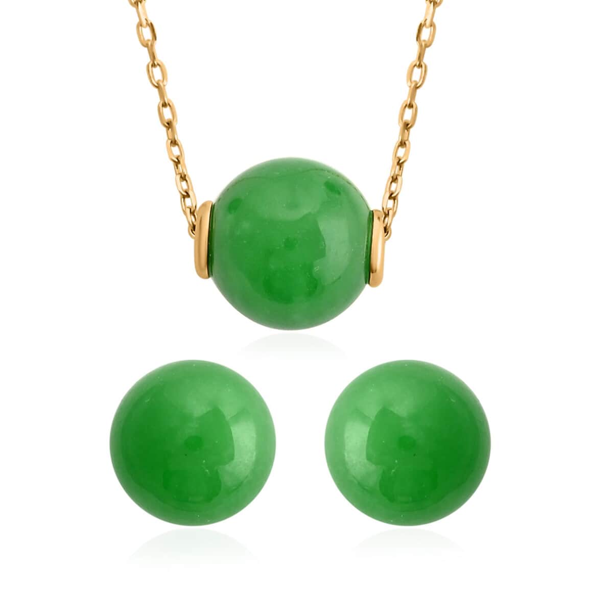 NY Closeout 14K Yellow Gold Green Jade Necklace 16-18 Inches and Earrings 6 Grams 12.00 ctw image number 0