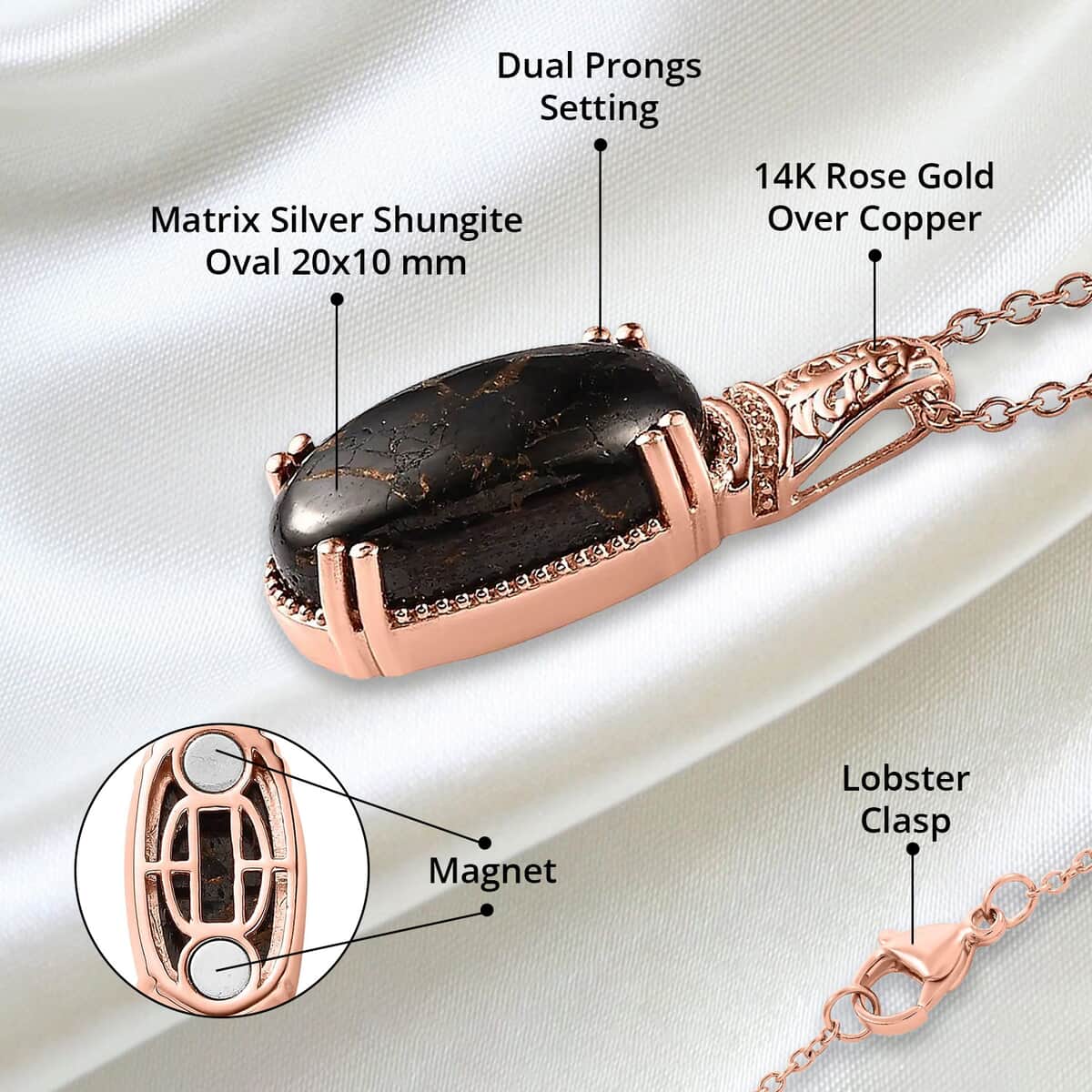 Matrix Silver Shungite Pendant in 14K Rose Gold Over Copper with Magnet and Stainless Steel Necklace 20 Inches 8.40 ctw image number 4