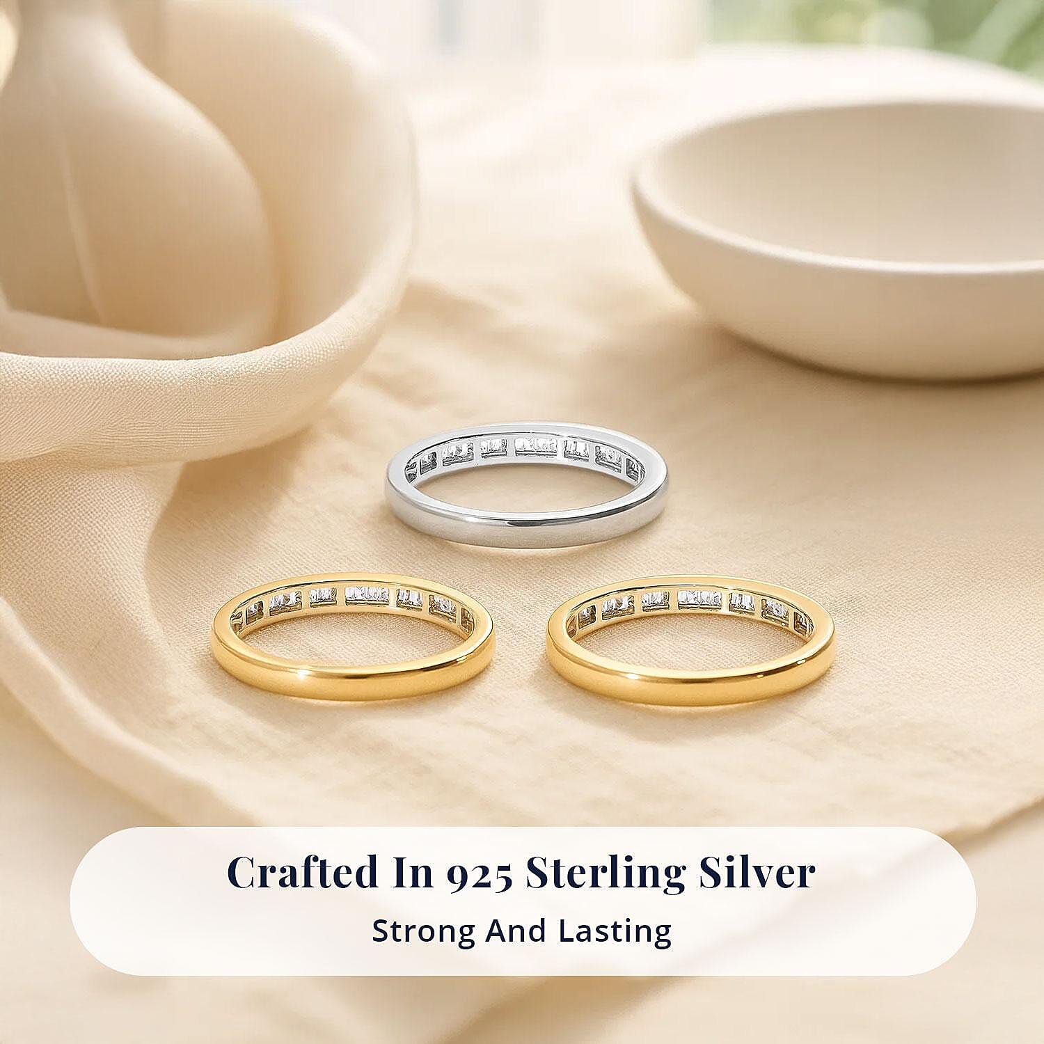 Diamond Set of 3 Ring in Vermeil Yellow Gold and Platinum Over Sterling Silver (Size 8.0) 0.50 ctw