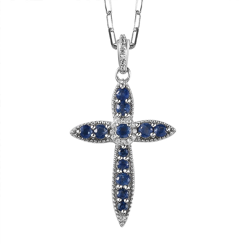 Premium Blue Ceylon Sapphire and White Zircon 0.40 ctw Pendant Necklace in Rhodium Over Sterling Silver 20 Inches