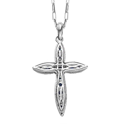 Premium Blue Ceylon Sapphire and White Zircon 0.40 ctw Pendant Necklace in Rhodium Over Sterling Silver 20 Inches