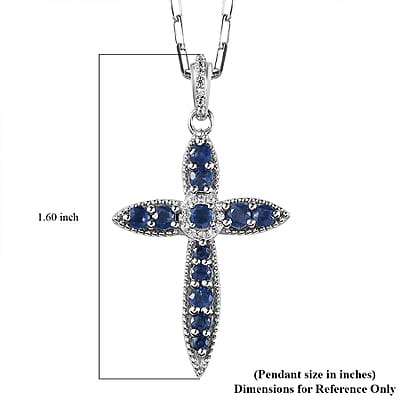 Premium Blue Ceylon Sapphire and White Zircon 0.40 ctw Pendant Necklace in Rhodium Over Sterling Silver 20 Inches