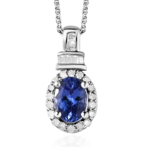 AAA Tanzanite and Diamond Halo Pendant Necklace 20 Inches in Platinum Over Sterling Silver 1.00 ctw