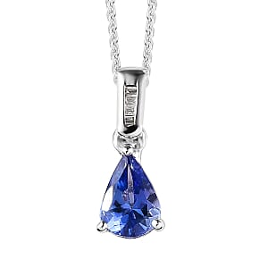 AAA Tanzanite and Diamond Drop Pendant Necklace 20 Inches in Platinum Over Sterling Silver 0.75 ctw