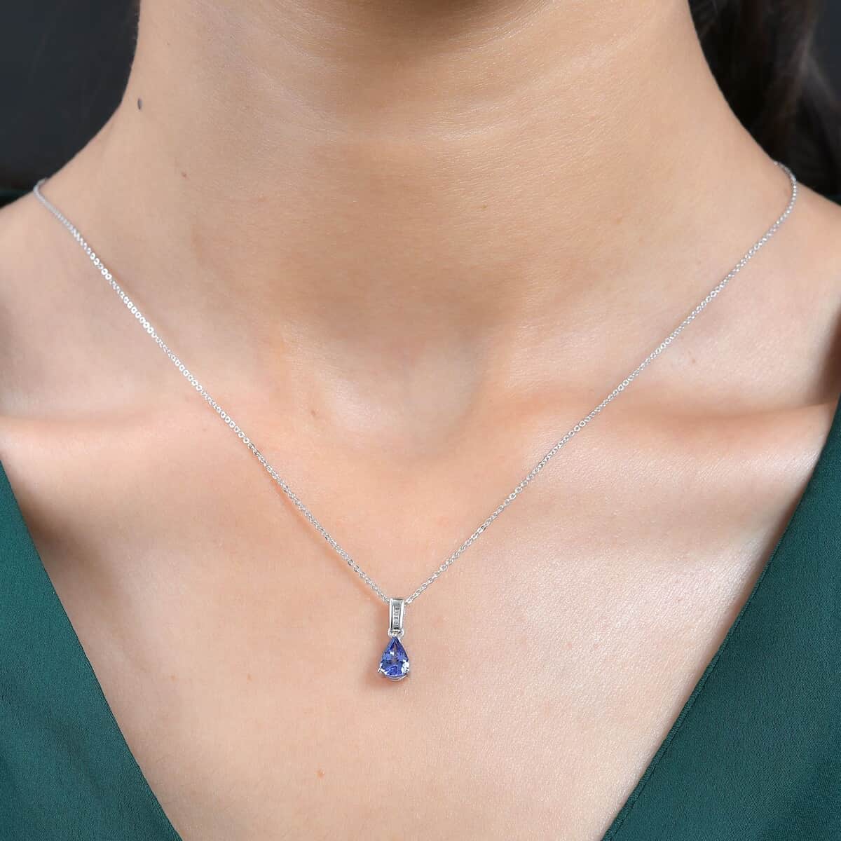 AAA Tanzanite and Diamond Drop Pendant Necklace 20 Inches in Platinum Over Sterling Silver 0.75 ctw image number 2