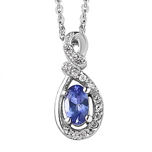 AAA Tanzanite and White Zircon Pendant Necklace 20 Inches in Platinum Over Sterling Silver 0.35 ctw
