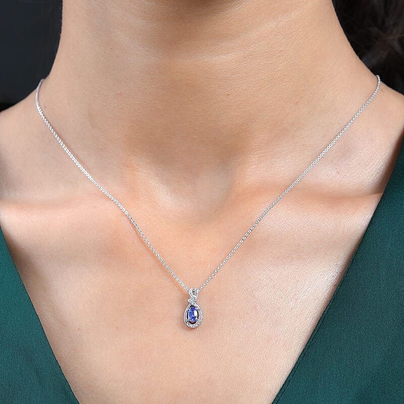 AAA Tanzanite and White Zircon Pendant Necklace 20 Inches in Platinum Over Sterling Silver 0.35 ctw
