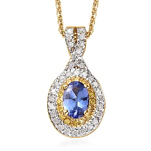 AAA Tanzanite, Yellow and White Diamond Double Halo Pendant Necklace 20 Inches in Vermeil Yellow Gold Over Sterling Silver 0.65 ctw