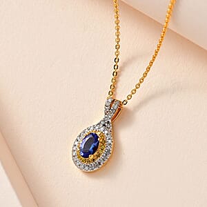 AAA Tanzanite, Yellow and White Diamond Double Halo Pendant Necklace 20 Inches in Vermeil Yellow Gold Over Sterling Silver 0.65 ctw