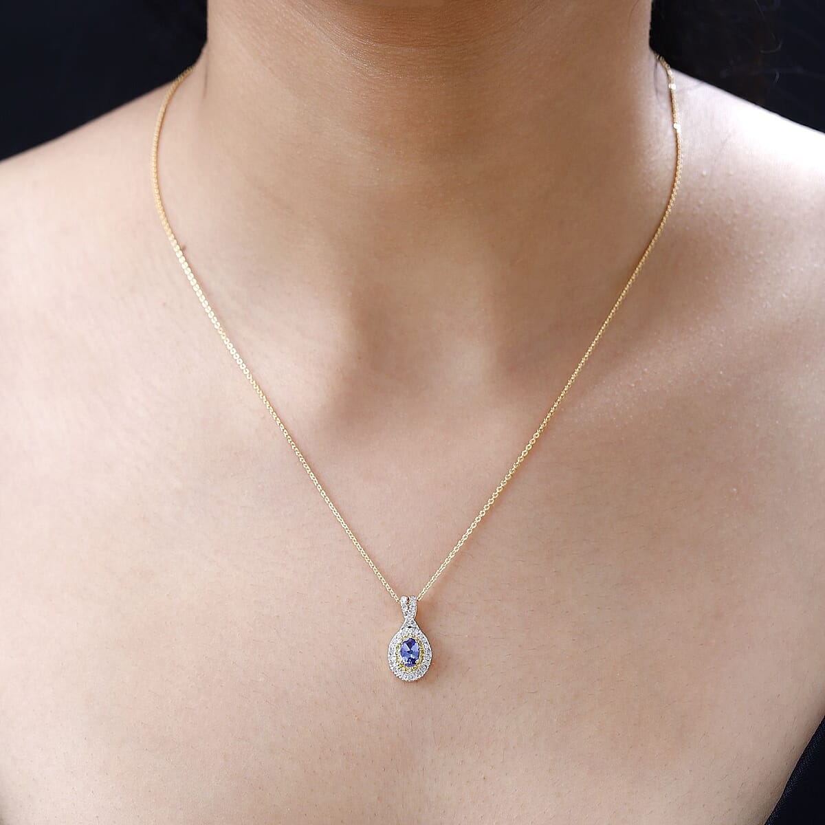 AAA Tanzanite, Yellow and White Diamond Double Halo Pendant Necklace 20 Inches in Vermeil Yellow Gold Over Sterling Silver 0.65 ctw image number 2
