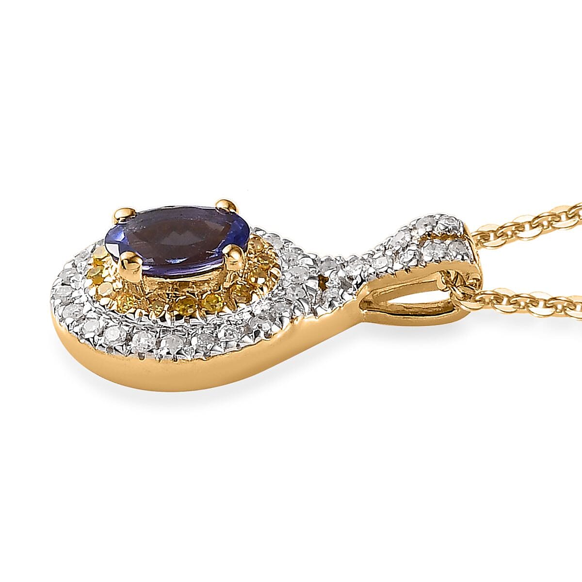 AAA Tanzanite, Yellow and White Diamond Double Halo Pendant Necklace 20 Inches in Vermeil Yellow Gold Over Sterling Silver 0.65 ctw image number 3