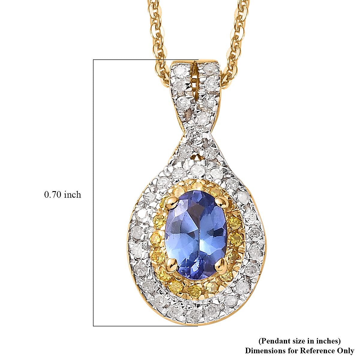 AAA Tanzanite, Yellow and White Diamond Double Halo Pendant Necklace 20 Inches in Vermeil Yellow Gold Over Sterling Silver 0.65 ctw image number 6