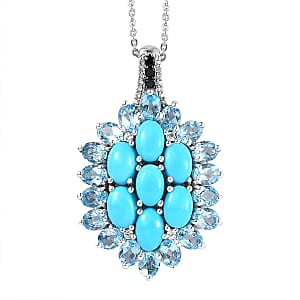 Sleeping Beauty Turquoise and Multi Gemstone Floral Pendant Necklace 20 Inches in Platinum Over Sterling Silver 6.70 ctw