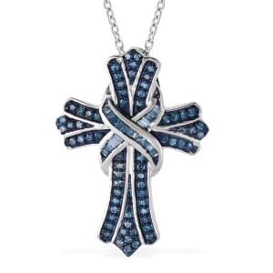Blue Diamond 0.50 ctw Cross Pendant Necklace in Platinum Over Sterling Silver 18-20 Inches