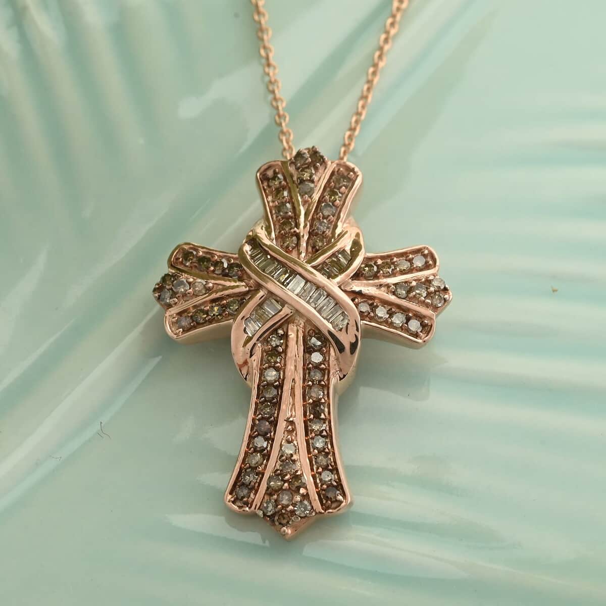 Buy Natural Champagne Diamond Cross Pendant Necklace (18 Inches) in Vermeil  RG Over Sterling Silver 0.50 ctw at