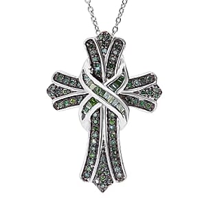 Green Diamond 0.50 ctw Cross Pendant Necklace in Platinum Over Sterling Silver 18-20 Inches