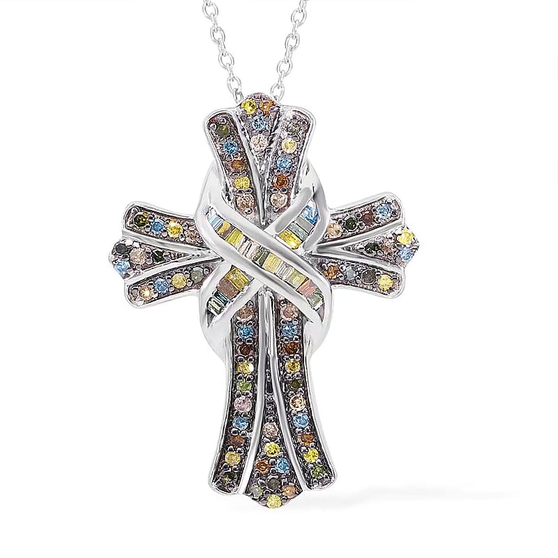 D'Joy Multi Diamond 0.50 ctw Cross Pendant Necklace 18-20 Inches in Platinum Over Sterling Silver