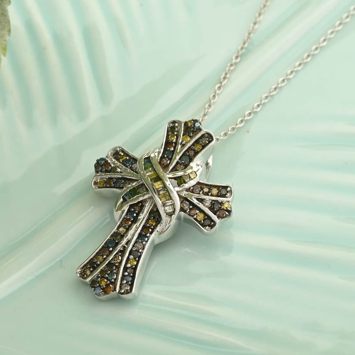 Multi Diamond Cross Pendant Necklace 20 Inches in Platinum Over Sterling Silver 0.50 ctw image number 1