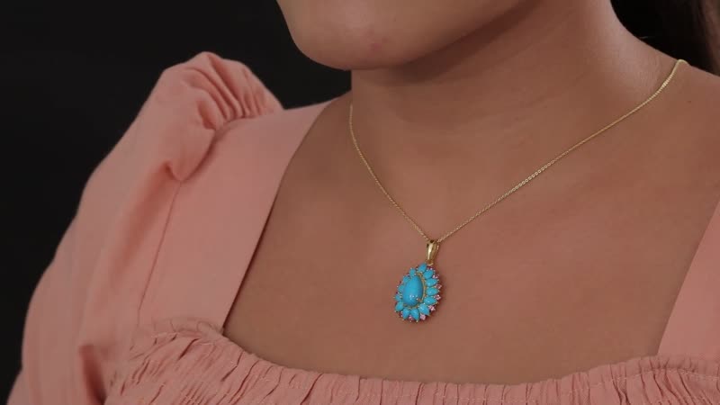 Sleeping Beauty Turquoise and Lotus Garnet Floral Pendant Necklace 20 Inches in Vermeil Yellow Gold Over Sterling Silver 7.35 ctw