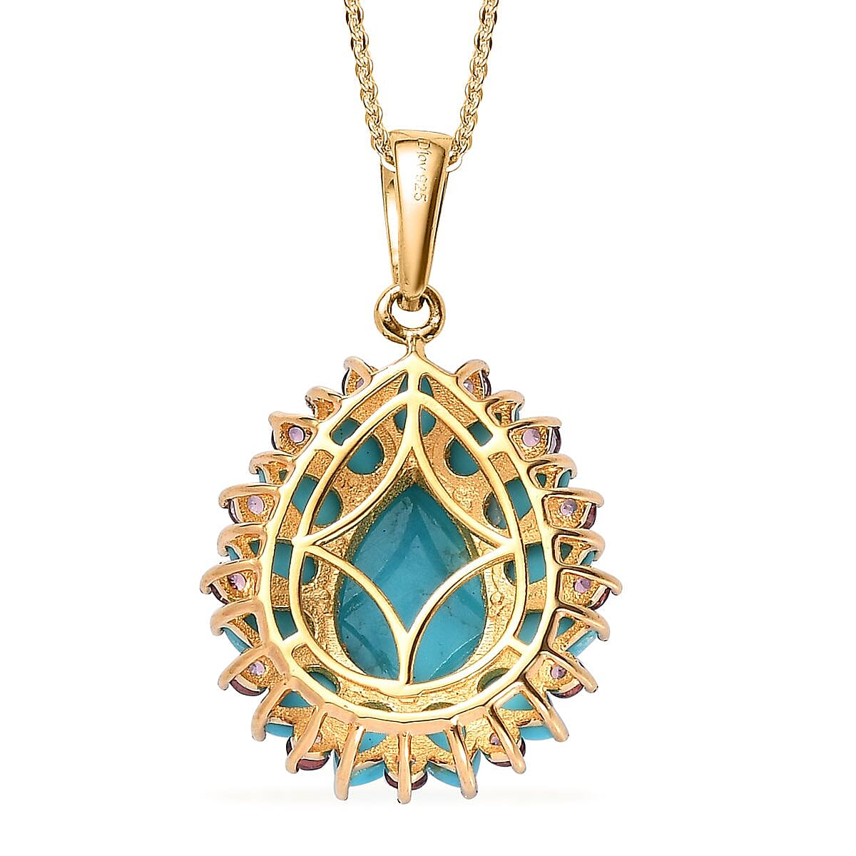 Sleeping Beauty Turquoise and Lotus Garnet Floral Pendant Necklace 20 Inches in Vermeil Yellow Gold Over Sterling Silver 7.35 ctw