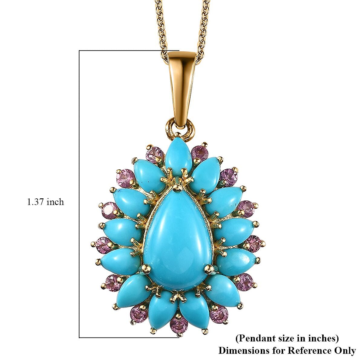 Sleeping Beauty Turquoise and Lotus Garnet Floral Pendant Necklace 20 Inches in Vermeil Yellow Gold Over Sterling Silver 7.35 ctw